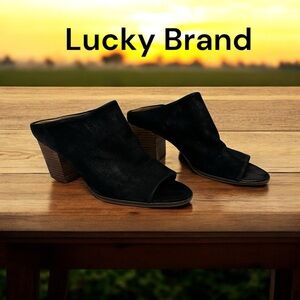 Lucky Brand women’s organza Mule Sandal Black Leather Slide peep toe size 8/5!!